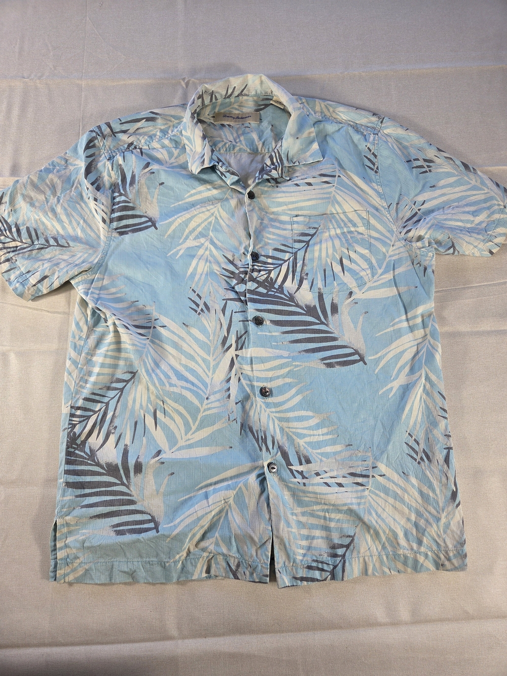 Tommy Bahama 100% Silk Hawaiian Camp Shirt Mens Medium Blue Palm Leaf Tropical